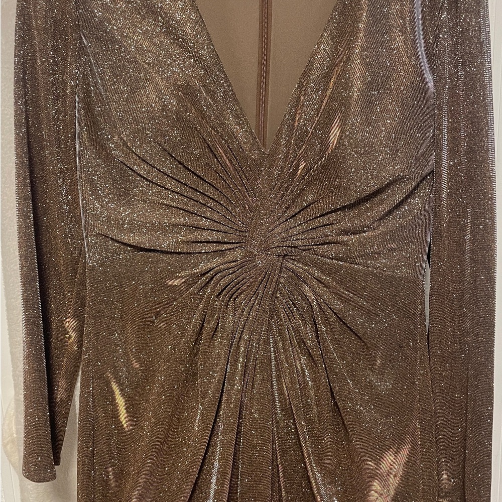 Mac Duggal Brown and Gold Ruched Bodycon Dress